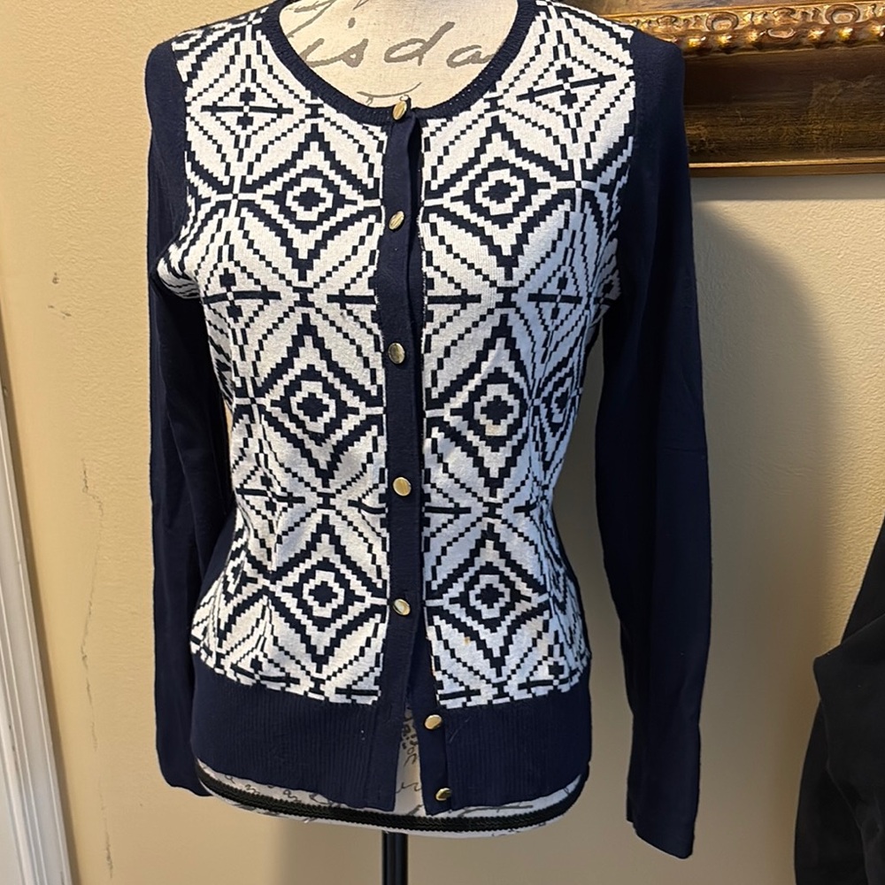 💙 Milly Navy and White Diamond Gold tone button down Cardigan
